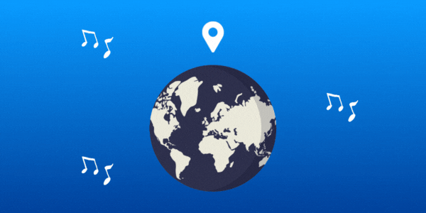 A dark blue, spinning globe with a location marker above it, against a lighter blue background and surrounding music notes.