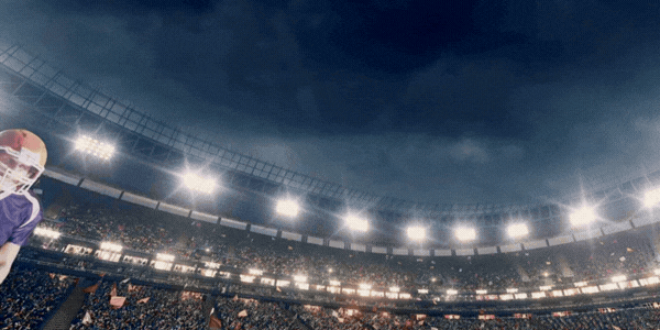 A compilation of GIFS; beginning with a football player catching the ball mid-air, two crowds from different angles, and fireworks.